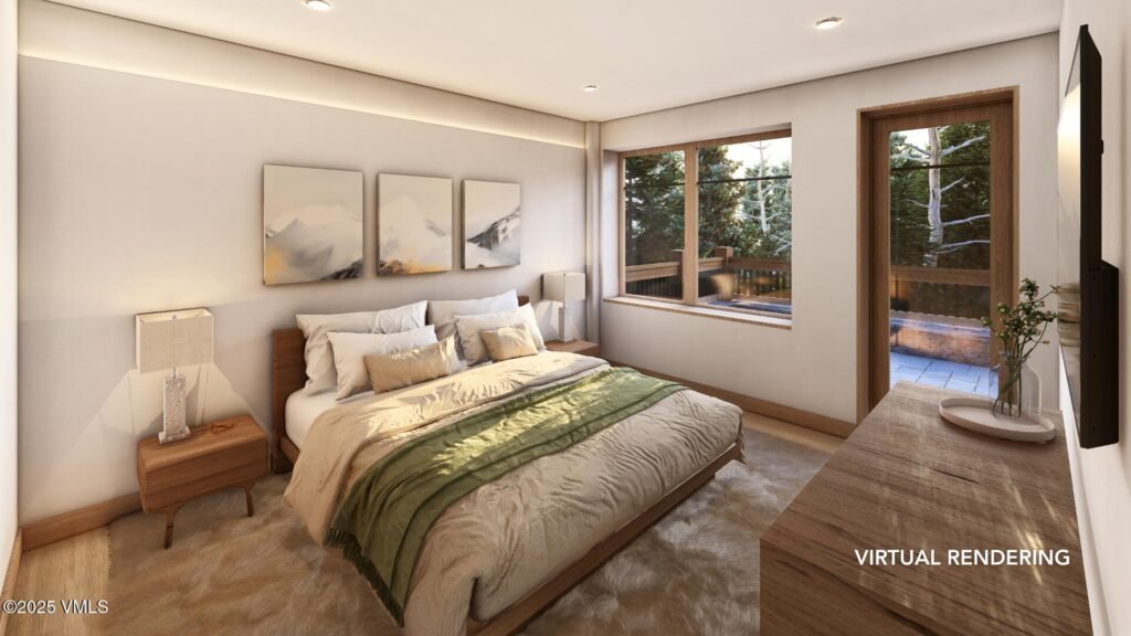 Portfolio 8 Virtual design rendering of a Beaver Creek Landing bedroom with wood ceiling beams, neutral furnishings, and a green throw.