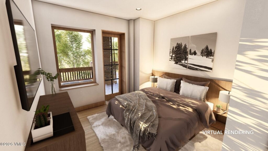 Portfolio 9 Virtual design rendering of a Beaver Creek Landing guest bedroom with timber beams and a pair of tree artworks.