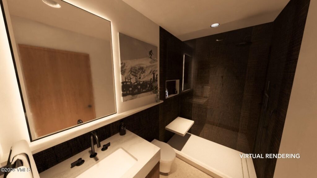 Portfolio 10 Virtual design rendering of a Beaver Creek Landing residential bathroom with a walk-in shower and vanity.