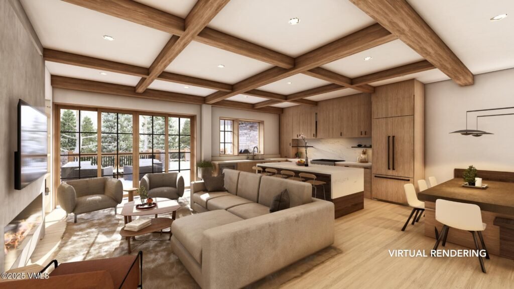 Portfolio 7 Virtual design rendering of the Beaver Creek Landing residence, with an open kitchen, dining area, and terrace doors.