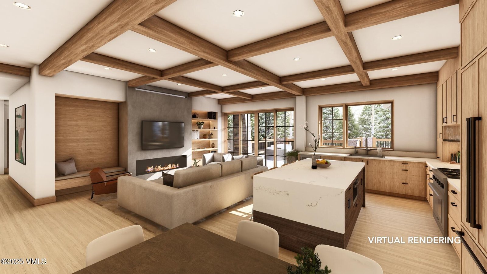 Development Management in Colorado 1 Virtual design rendering of the Beaver Creek Landing residential conversion, showing the living room, kitchen island, and timber ceiling beams.