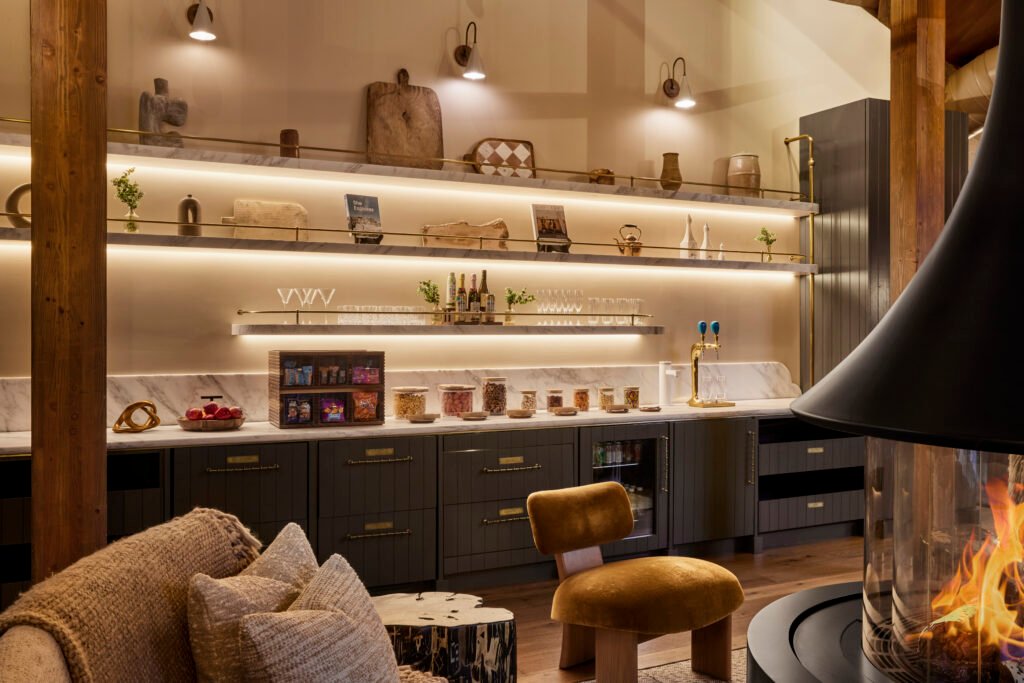 Completed Four Seasons Vail Chalet bar and refreshment counter with illuminated shelving