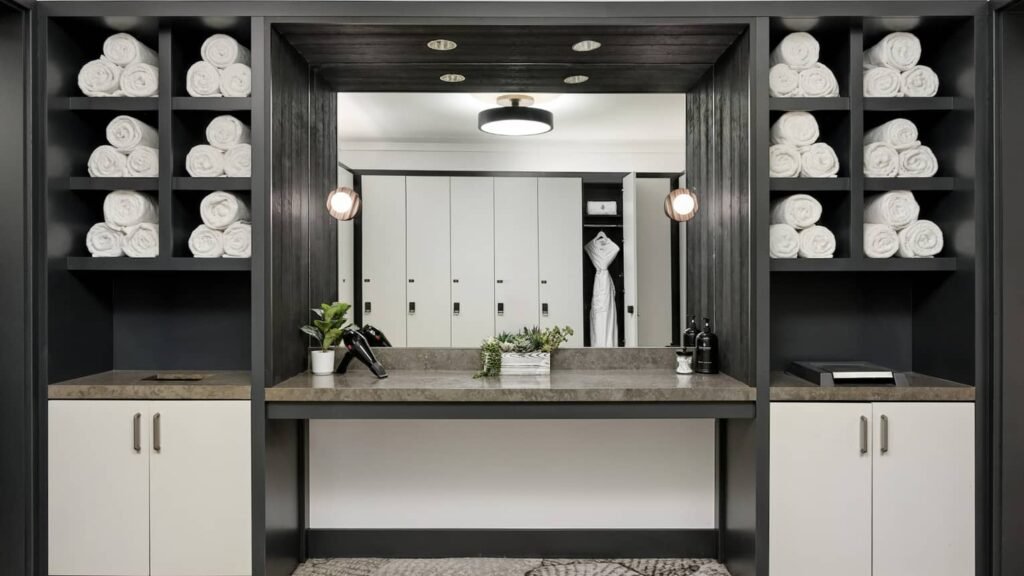Four Seasons Vail renovated spa locker-room vanity and towel storage